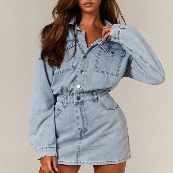 Blue Women's Denim Button Up Longsleeve Mini Dress - Picture 1 of 5